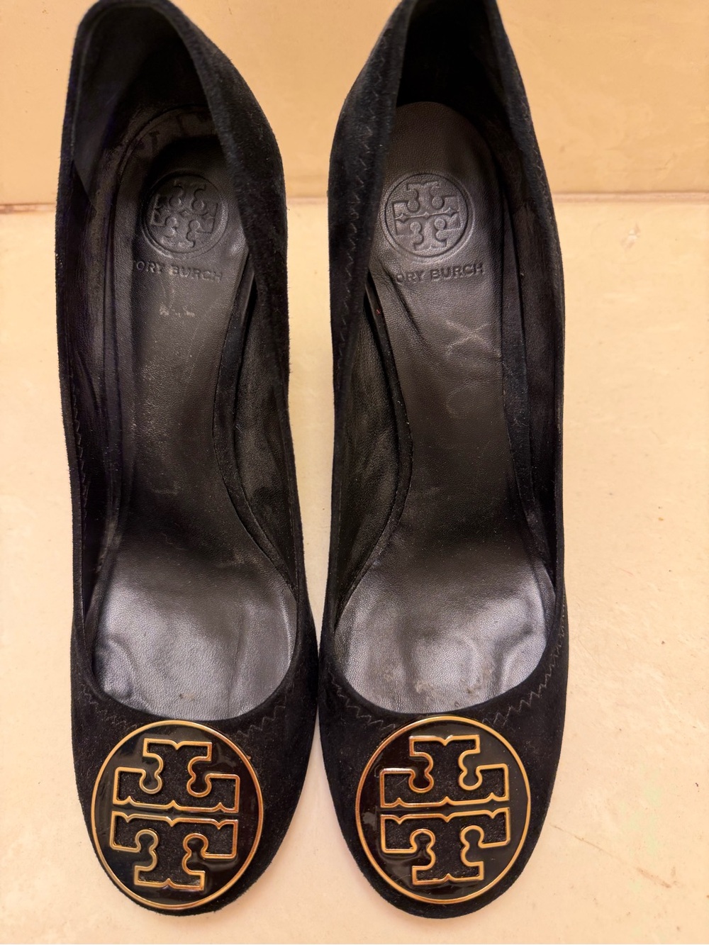 Tory Burch Black Suede Logo Round-Toe Pumps with Gold Emblem